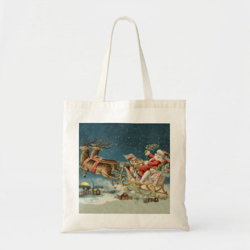 Santa Claus Christmas Antique Sleigh Reindeer Tote Bag