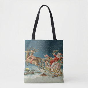 Santa Claus Christmas Antique Sleigh Reindeer Tote Bag