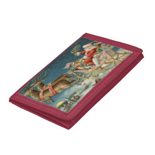 Santa Claus Christmas Antique Sleigh Reindeer Tri-fold Wallet