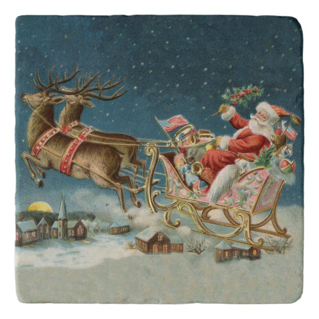 Santa Claus Christmas Antique Sleigh Reindeer Trivet (Front)