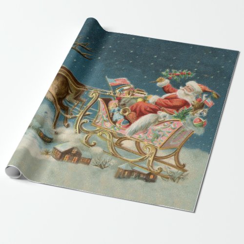 Santa Claus Christmas Antique Sleigh Reindeer Wrapping Paper