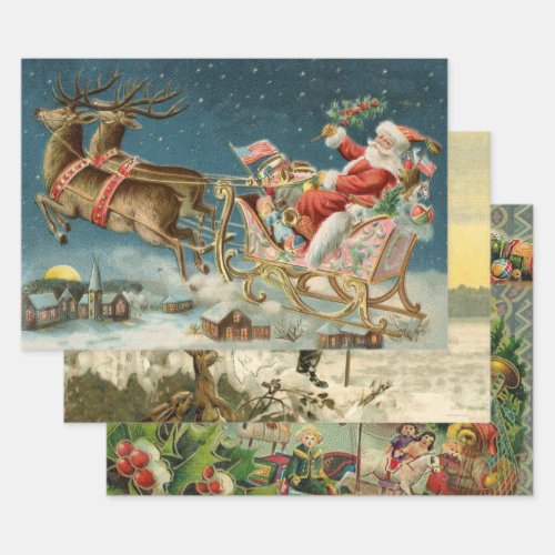Santa Claus Christmas Antique Sleigh Reindeer Wrapping Paper Sheets