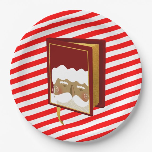 Santa Claus Christmas Carol Book Red Striped Paper Plates (Front)