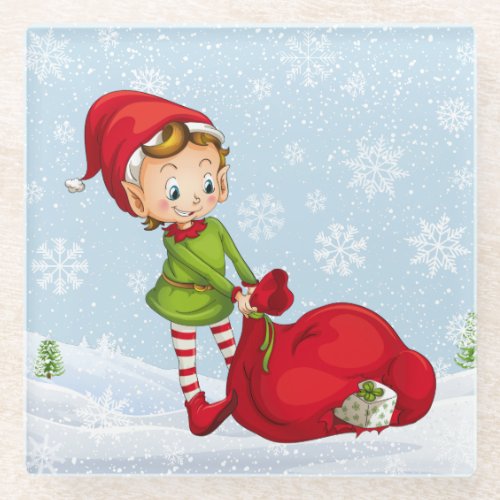 Santa Claus Christmas Elf  Glass Coaster