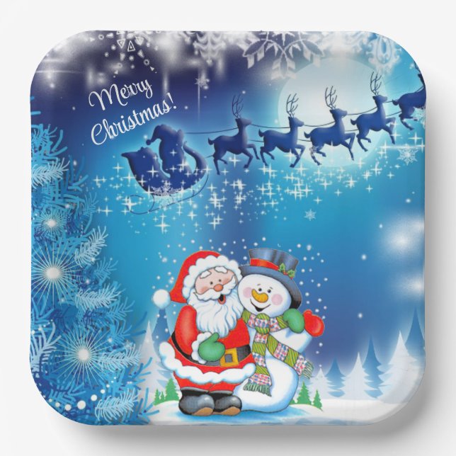 Santa Claus Christmas Eve Reindeer Snowman Paper P Plates (Front)