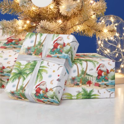 Santa Claus Christmas Fishing in Summer Wrapping Paper