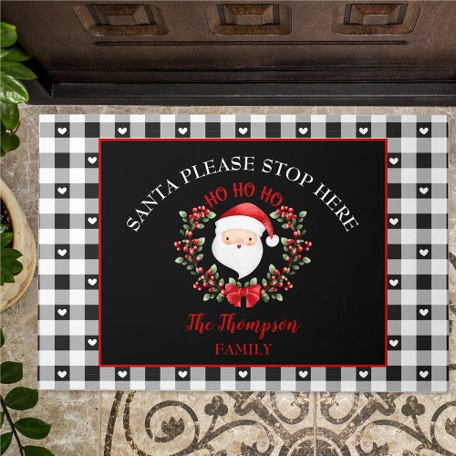 Santa Claus Christmas Gingham Family Name Doormat