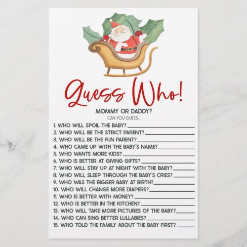 Santa Claus Christmas Guess Who Baby Shower Game Stationery