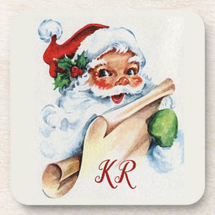 Santa Claus Christmas Holiday List Monogrammed Beverage Coaster