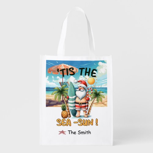 SANTA CLAUS Christmas in July at Beach  Grocery Bag