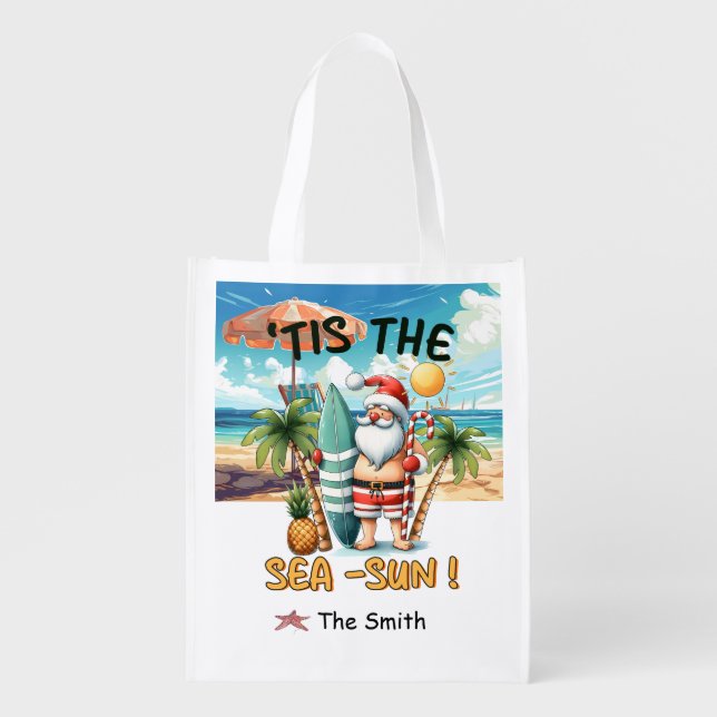 SANTA CLAUS Christmas in July at Beach  Grocery Bag (Front)
