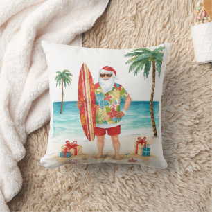 Santa Claus Christmas in July at the beach surfer Throw Pillow
