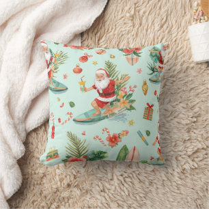 Santa Claus Christmas in July at the beach surfer Throw Pillow