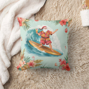 Santa Claus Christmas in July at the beach surfer Throw Pillow