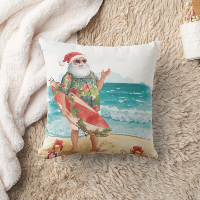 Santa Claus Christmas in July at the beach surfer Throw Pillow (Blanket)