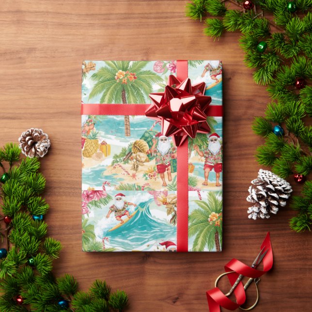 Santa Claus Christmas in July at the beach surfer Wrapping Paper (Holiday Gift)