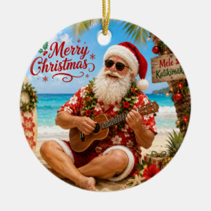 Santa Claus Christmas playing ukulele Ceramic Ornament