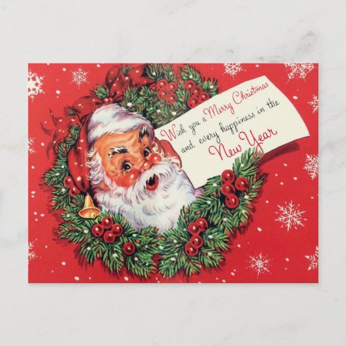 Santa Claus Christmas Postcard Wreath retro