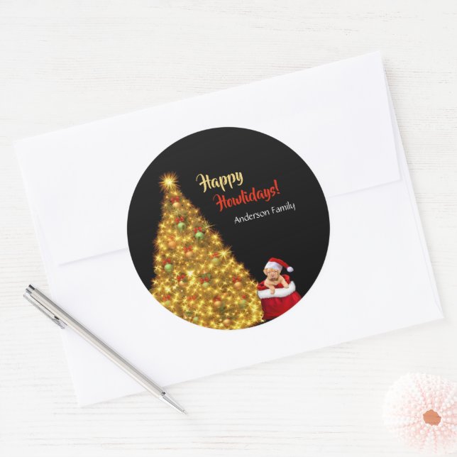 Santa Claus Christmas Puppy Dog Personalize Classic Round Sticker (Envelope)