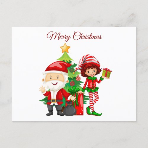 Santa Claus Christmas Tree and Cute Elf Holiday Postcard