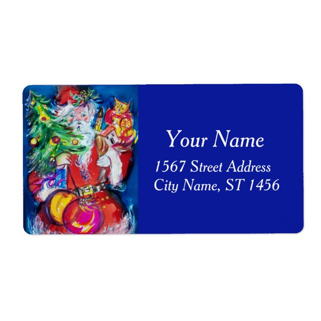 SANTA  CLAUS, CHRISTMAS TREE AND GIFTS Red Blue Label (Front)