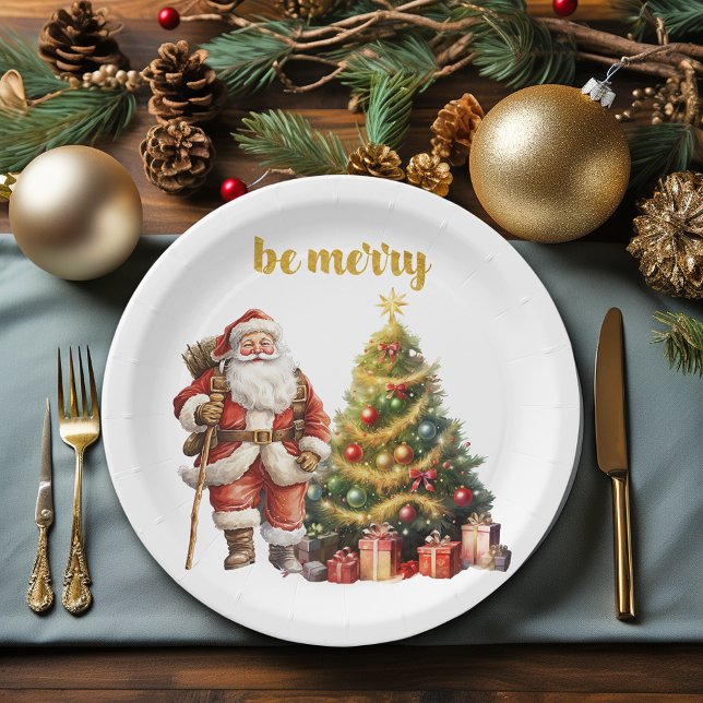 Santa Claus Christmas Tree Be Merry Paper Plates (Creator Uploaded)