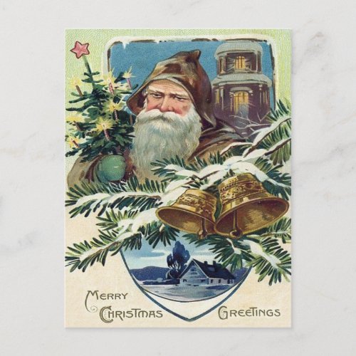 Santa Claus Christmas Tree Bell Star Holiday Postcard