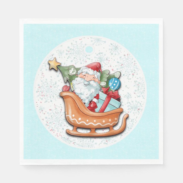 Santa Claus Christmas Tree Blue Snowflakes Paper  Napkins (Front)