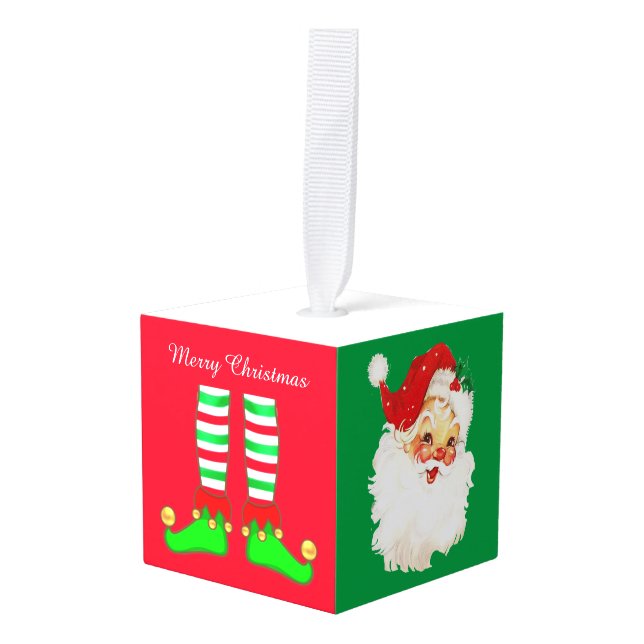 Santa Claus, Christmas Tree & Elf Legs Cube Ornament (Front Angled)