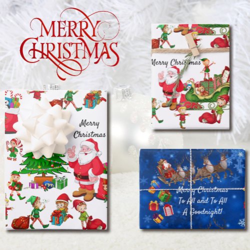 Santa Claus Christmas Tree Elves Reindeer Gifts Wrapping Paper Sheets