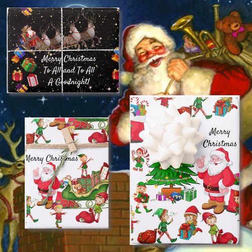 Santa Claus Christmas Tree Elves Reindeer Gifts Wrapping Paper Sheets