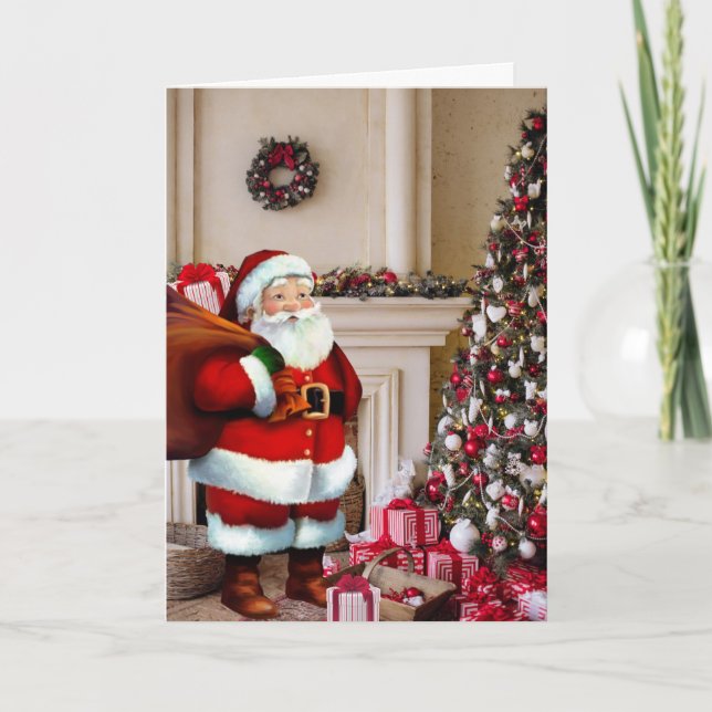 Santa Claus Christmas Tree Personalize Signature Holiday Card (Front)