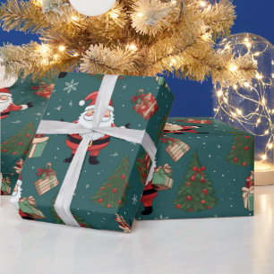 Santa Claus Christmas Trees Green Christmas Wrapping Paper