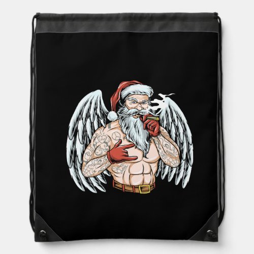 Santa claus christmas with angel wings and tattoos drawstring bag