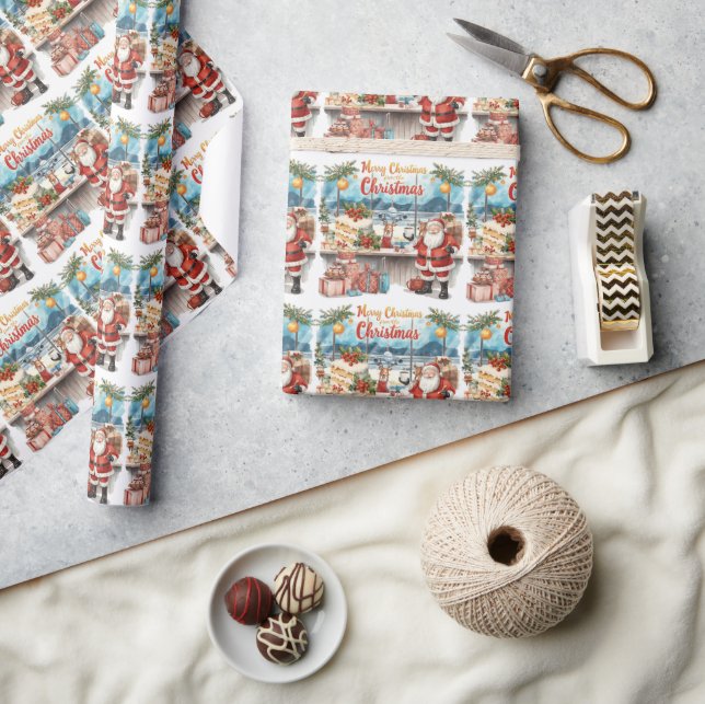 Santa Claus Christmas with Bakery Shop at airport Wrapping Paper (Crafts)