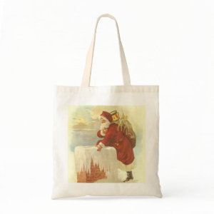 Santa Claus Climbing Down the Chimney with Toys bag