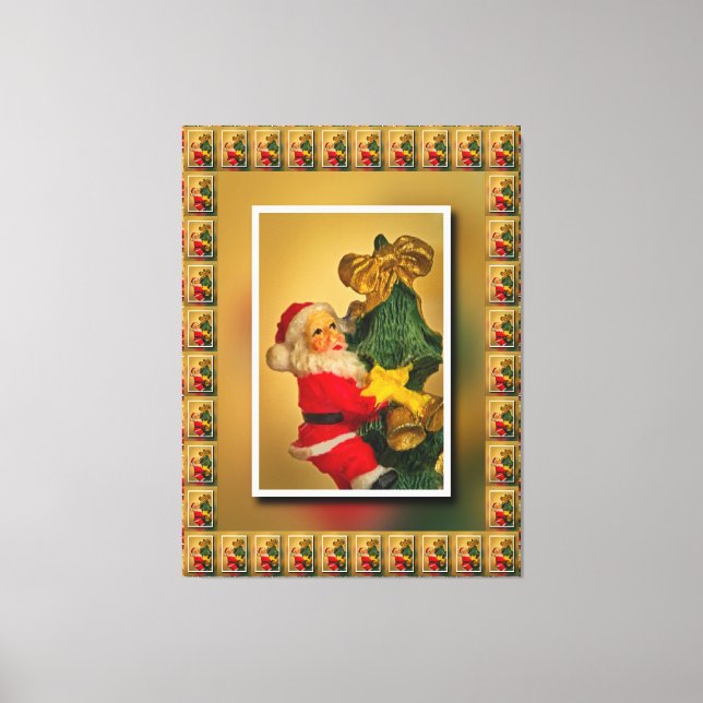 Santa Claus Climbing the Christmas Tree - Vintage Canvas Print (Front)