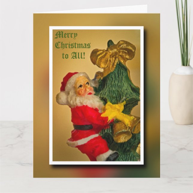 Santa Claus Climbing the Christmas Tree - Vintage Card (Front)
