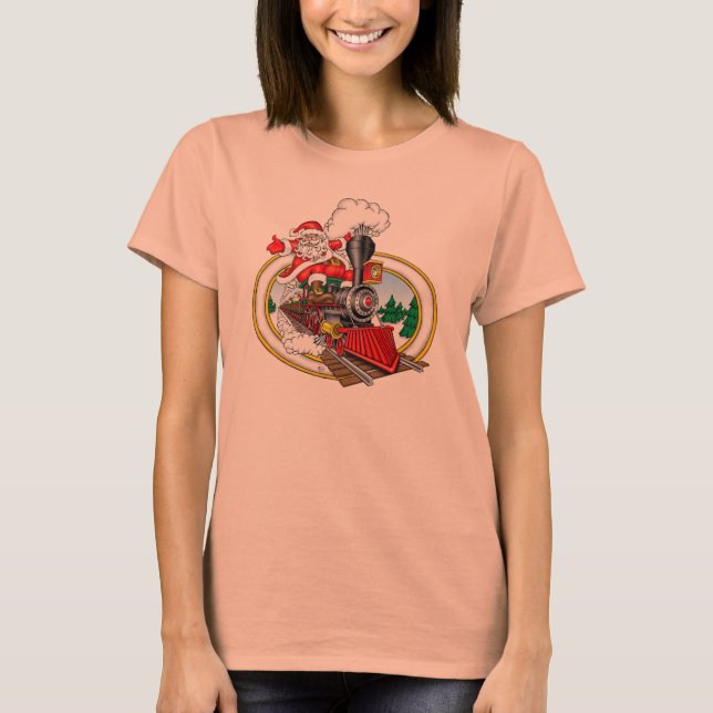Santa Claus coming at you aboard a steam locomotiv T-Shirt (Front)