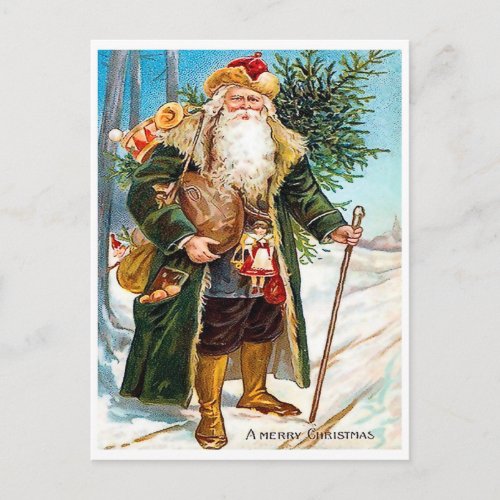 Santa Claus coming with toys and Christmas tree Postcard