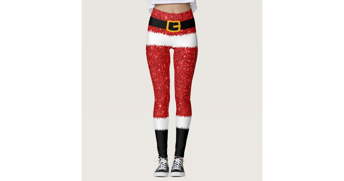 Santa Claus Costume Glitter Christmas Leggings | Zazzle