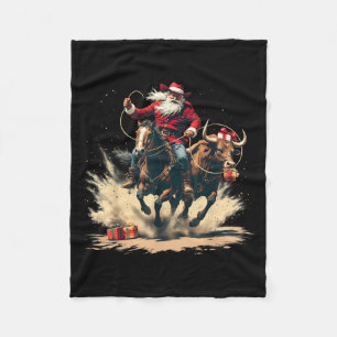 Santa Claus Cowboy Vintage Christmas Horse Cow Men Fleece Blanket