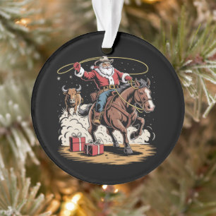 Santa Claus Cowboy Vintage Christmas Horse Cow Ornament