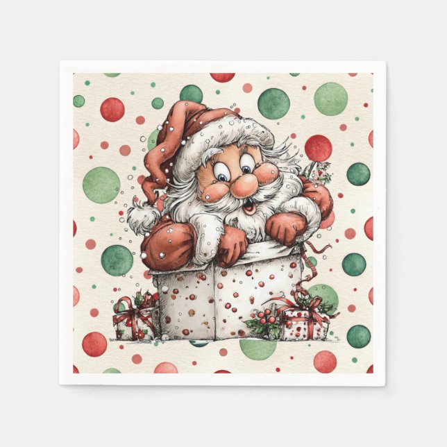 Santa Claus Crawling Out of Gift Box Napkins (Front)