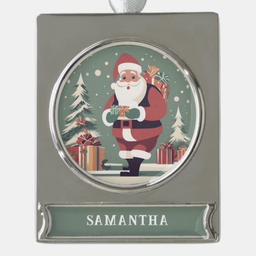 Santa Claus custom mid century modern christmas Silver Plated Banner Ornament
