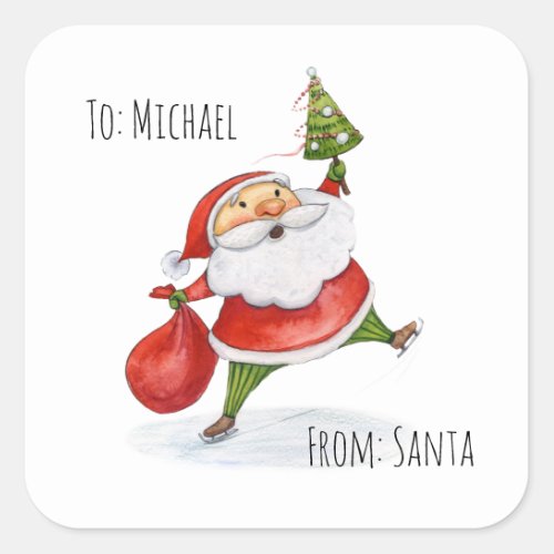 Santa Claus Cute Christmas watercolor painting Square Sticker