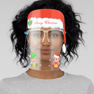 Santa Claus & cute little elves with stars Face Shield