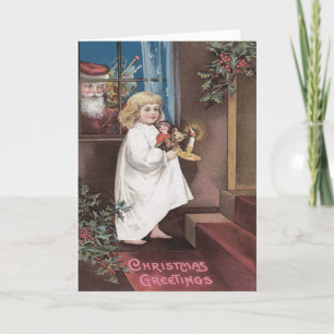 Santa Claus Cute Little Girl Toys Holly Holiday Card
