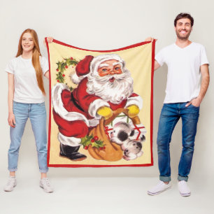 Santa Claus Cute Puppy Vintage Retro Christmas Fleece Blanket