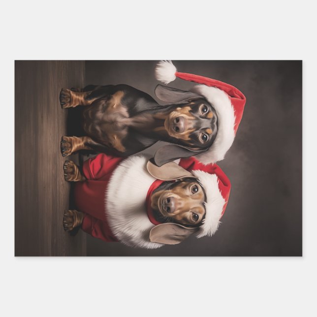 Santa Claus Dachshund Twins Wrapping Paper Sheets (Front)